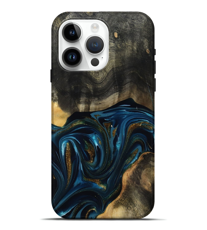 iPhone 15 Pro Max Wood Live Edge Phone Case - Dakari (Teal & Gold, 817008)