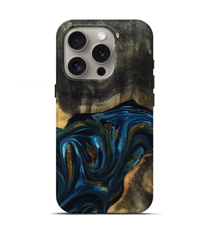 iPhone 16 Pro Wood Live Edge Phone Case - Dakari (Teal & Gold, 817008)