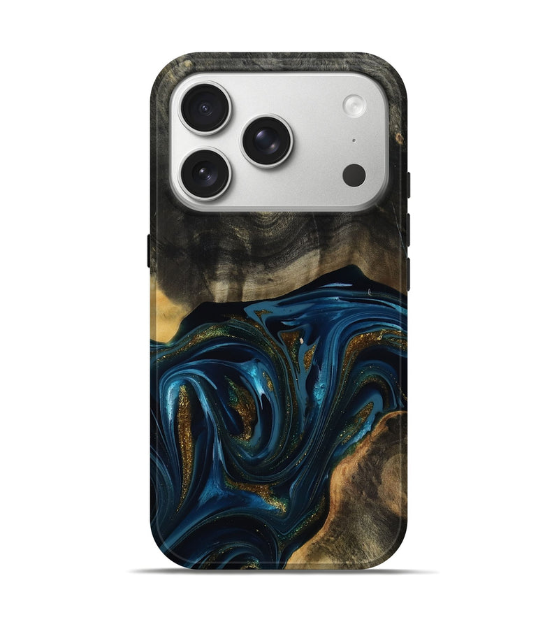 iPhone 17 Pro Wood Live Edge Phone Case - Dakari (Teal & Gold, 817008)
