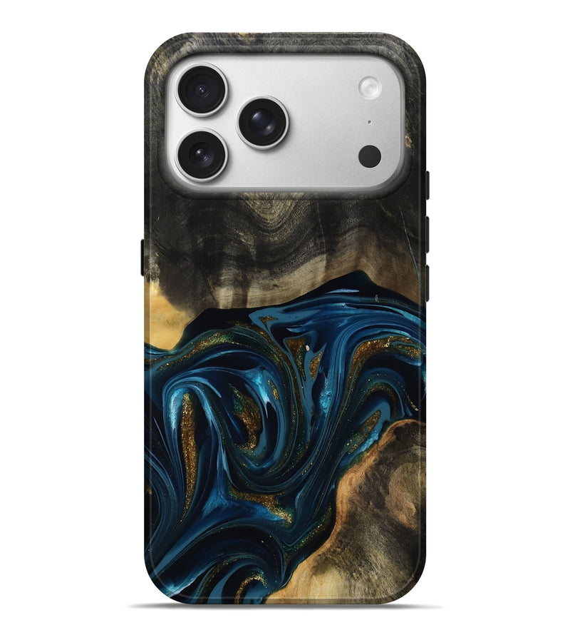 iPhone 17 Pro Max Wood Live Edge Phone Case - Dakari (Teal & Gold, 817008)