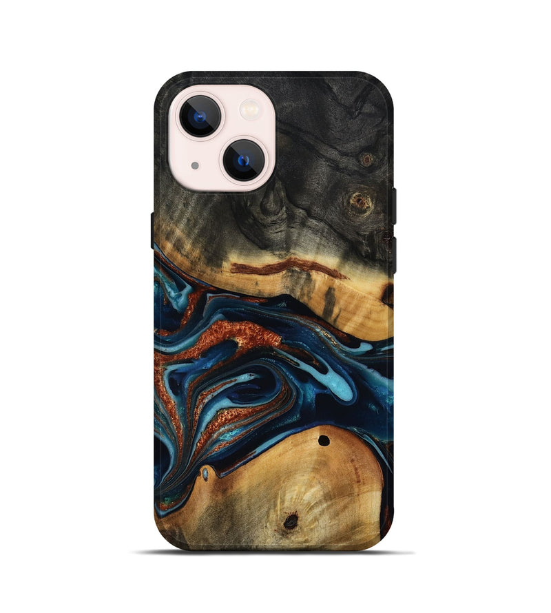 iPhone 13 mini Wood Live Edge Phone Case - Douglas (Teal & Gold, 817014)