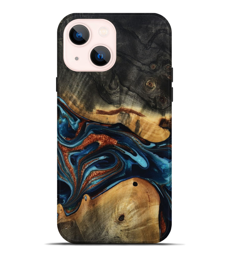 iPhone 14 Plus Wood Live Edge Phone Case - Douglas (Teal & Gold, 817014)