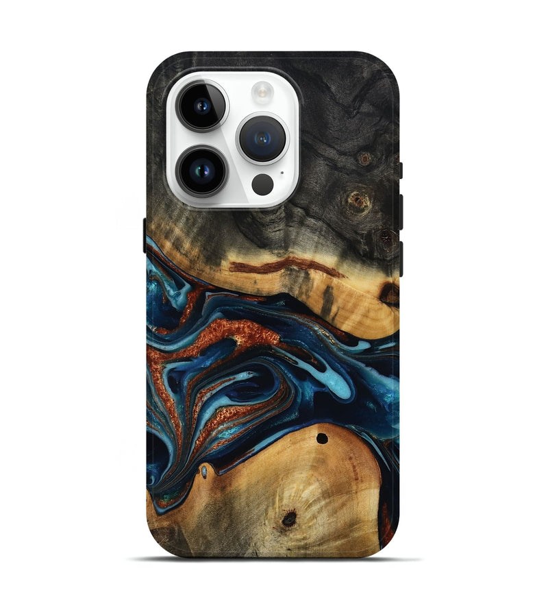 iPhone 15 Pro Wood Live Edge Phone Case - Douglas (Teal & Gold, 817014)