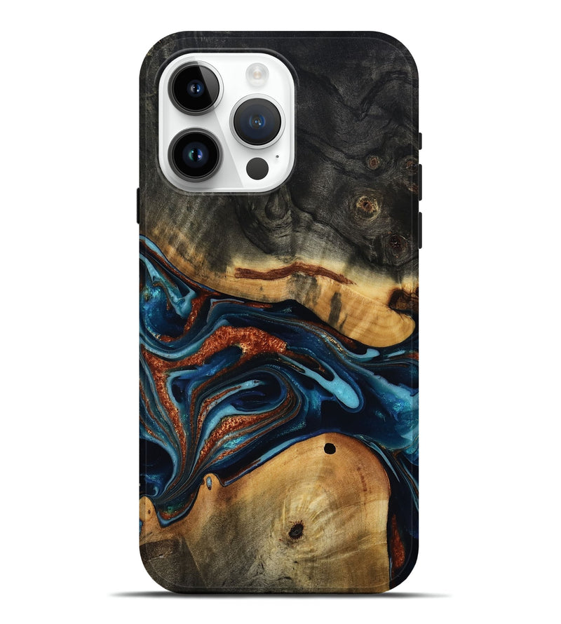 iPhone 15 Pro Max Wood Live Edge Phone Case - Douglas (Teal & Gold, 817014)