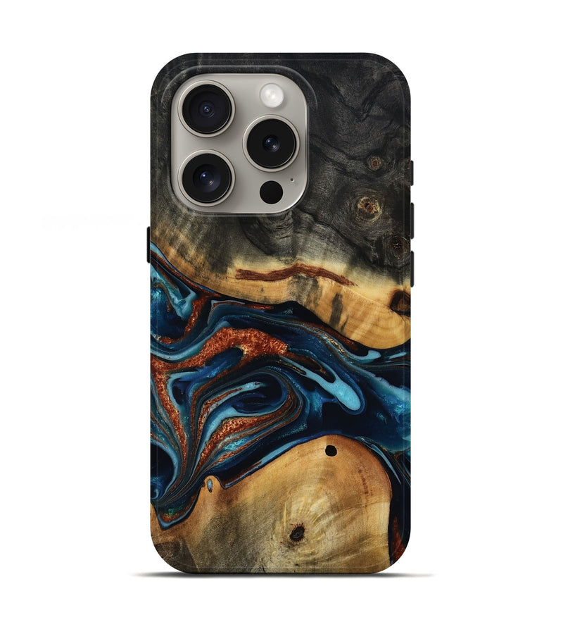 iPhone 16 Pro Wood Live Edge Phone Case - Douglas (Teal & Gold, 817014)