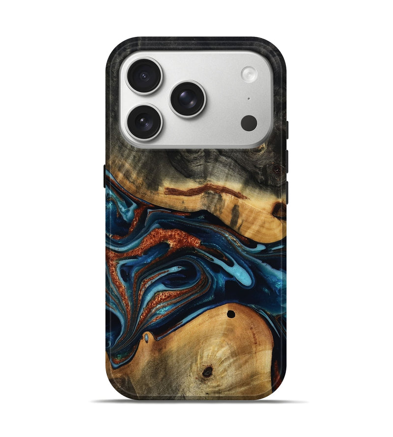 iPhone 17 Pro Wood Live Edge Phone Case - Douglas (Teal & Gold, 817014)