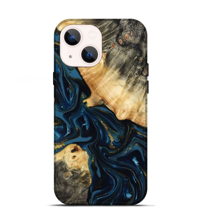 iPhone 13 Wood Live Edge Phone Case - Dee (Teal & Gold, 817015)
