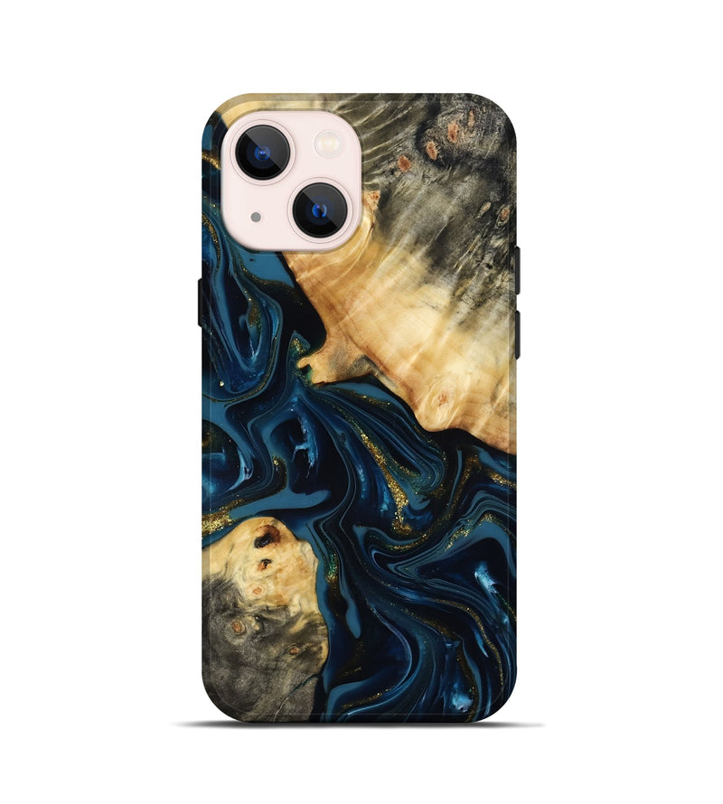 iPhone 13 mini Wood Live Edge Phone Case - Dee (Teal & Gold, 817015)