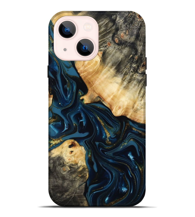 iPhone 14 Plus Wood Live Edge Phone Case - Dee (Teal & Gold, 817015)
