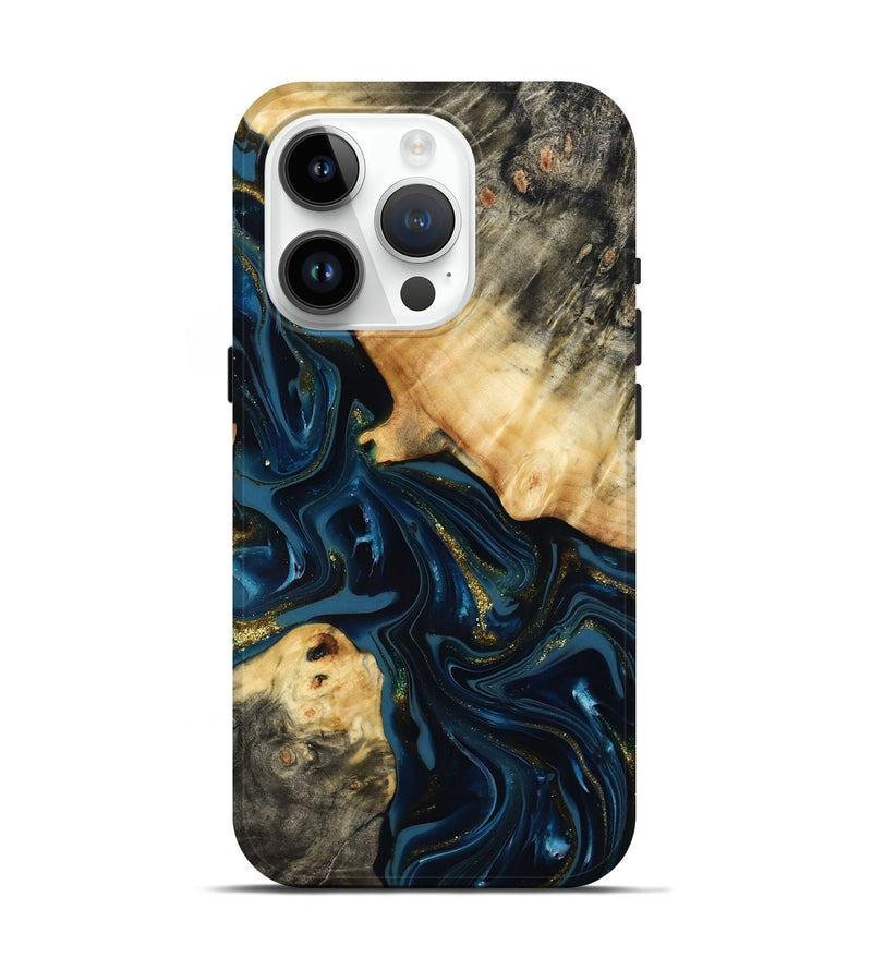 iPhone 15 Pro Wood Live Edge Phone Case - Dee (Teal & Gold, 817015)
