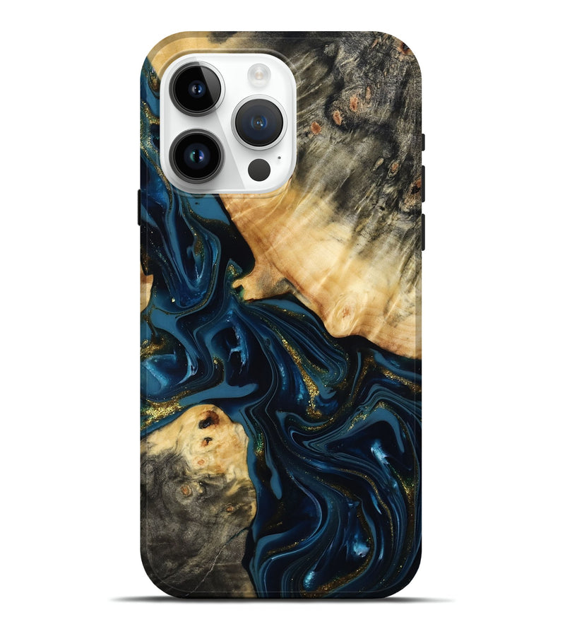 iPhone 15 Pro Max Wood Live Edge Phone Case - Dee (Teal & Gold, 817015)