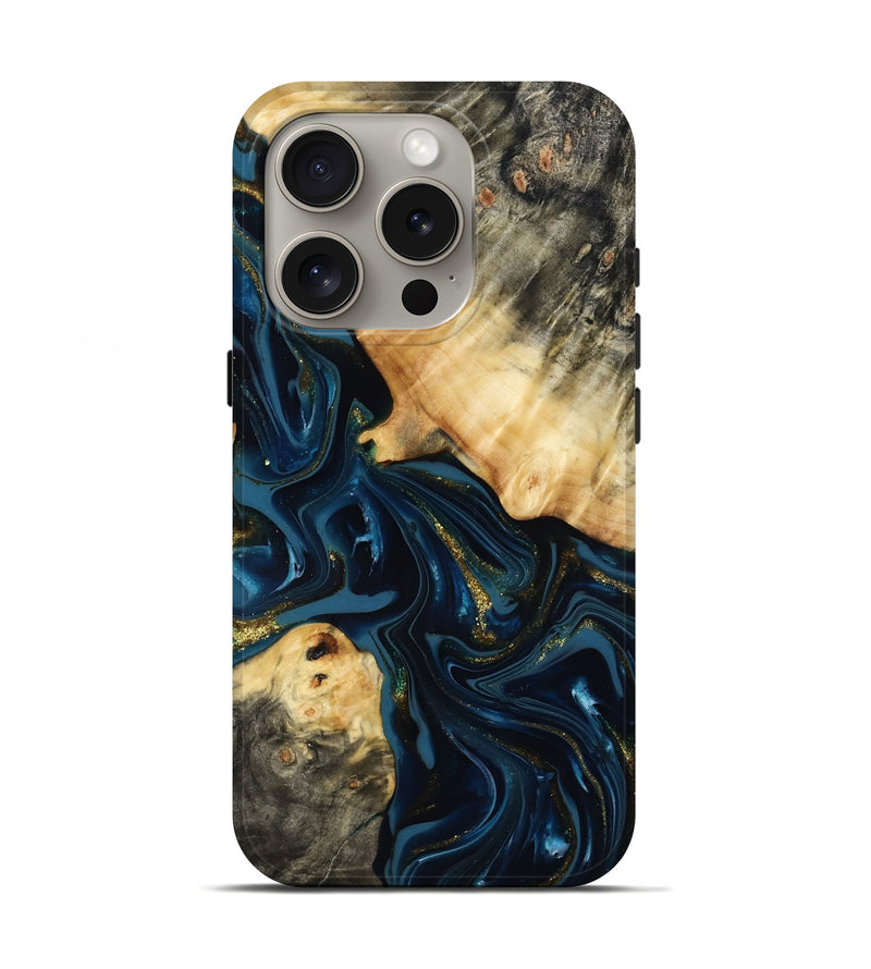 iPhone 16 Pro Wood Live Edge Phone Case - Dee (Teal & Gold, 817015)