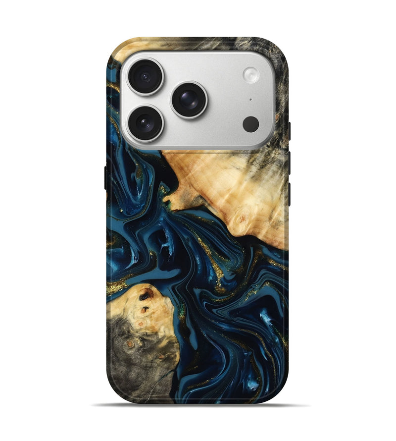 iPhone 17 Pro Wood Live Edge Phone Case - Dee (Teal & Gold, 817015)