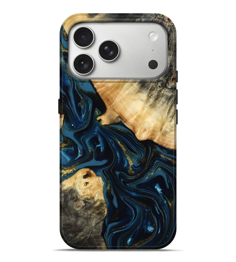 iPhone 17 Pro Max Wood Live Edge Phone Case - Dee (Teal & Gold, 817015)