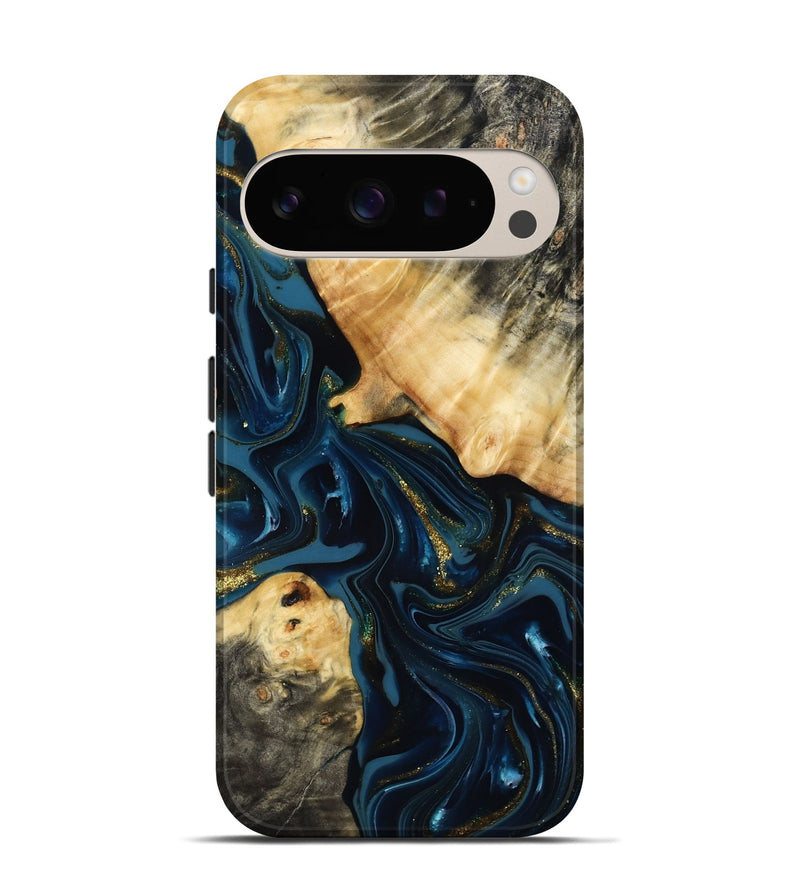 Pixel 9 Wood Live Edge Phone Case - Dee (Teal & Gold, 817015)
