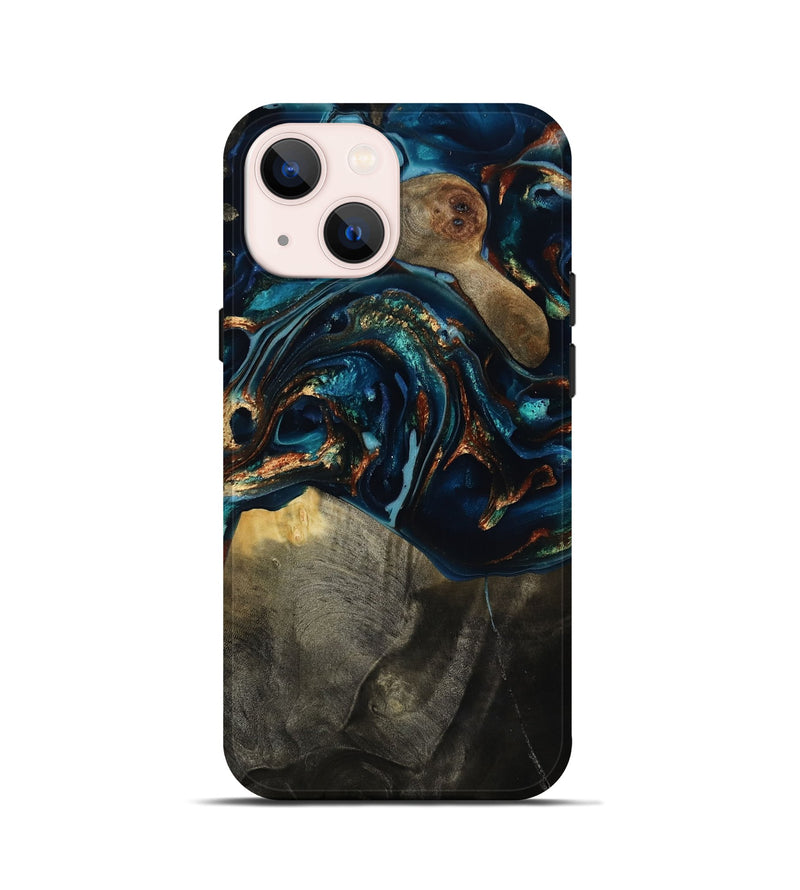 iPhone 13 mini Wood Live Edge Phone Case - Freddy (Teal & Gold, 817016)