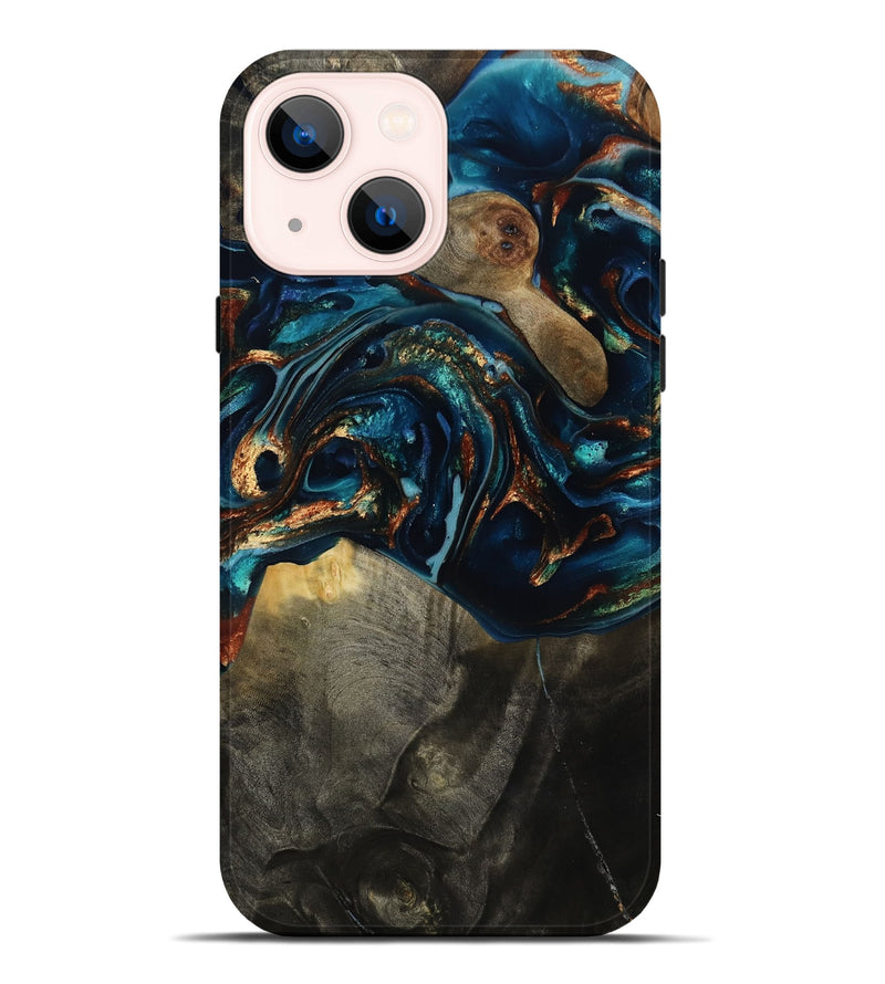 iPhone 14 Plus Wood Live Edge Phone Case - Freddy (Teal & Gold, 817016)
