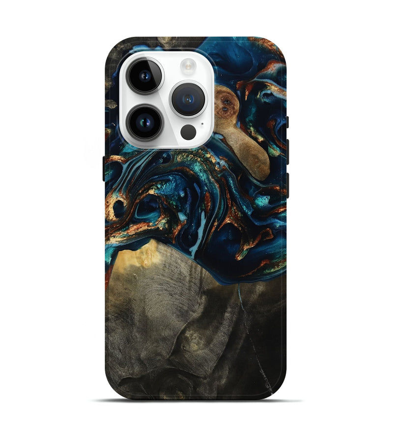 iPhone 15 Pro Wood Live Edge Phone Case - Freddy (Teal & Gold, 817016)