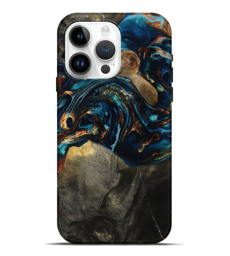 iPhone 15 Pro Max Wood Live Edge Phone Case - Freddy (Teal & Gold, 817016)