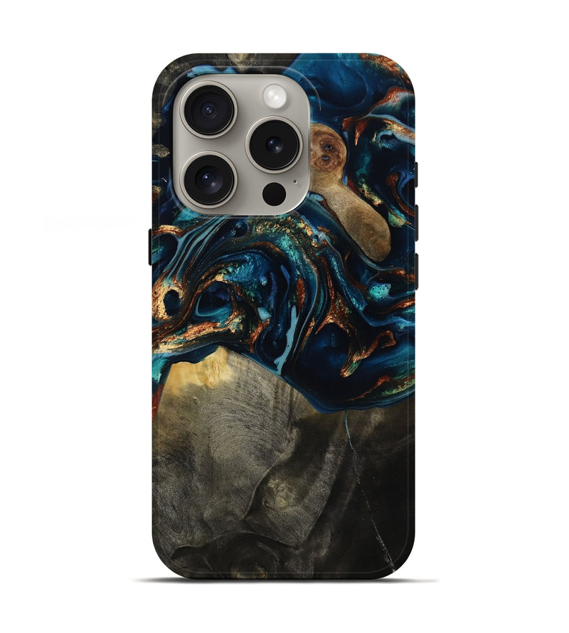 iPhone 16 Pro Wood Live Edge Phone Case - Freddy (Teal & Gold, 817016)