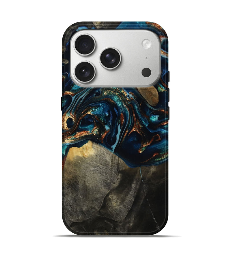 iPhone 17 Pro Wood Live Edge Phone Case - Freddy (Teal & Gold, 817016)