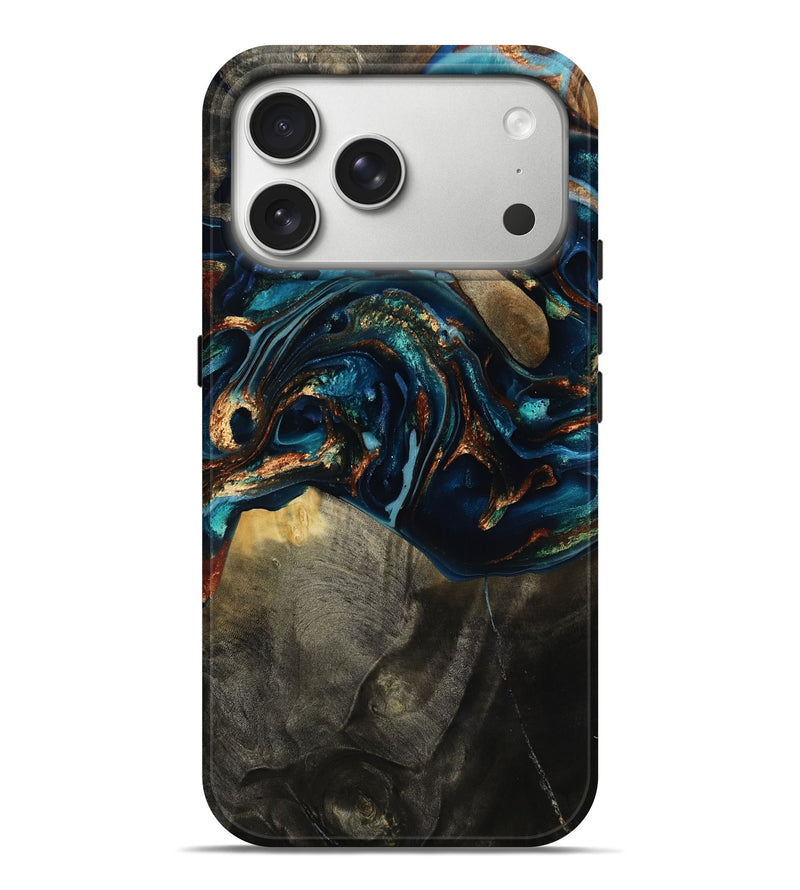 iPhone 17 Pro Max Wood Live Edge Phone Case - Freddy (Teal & Gold, 817016)