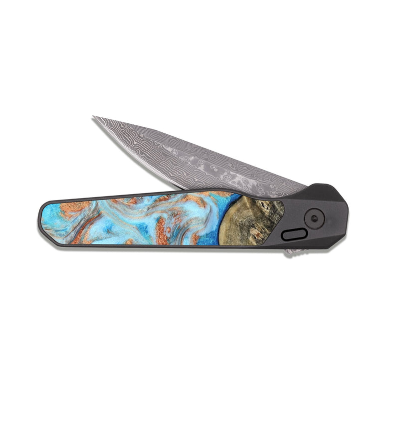 EDC Dark Damascus Wood Pocket Knife - Danita (Teal & Gold, 817150)
