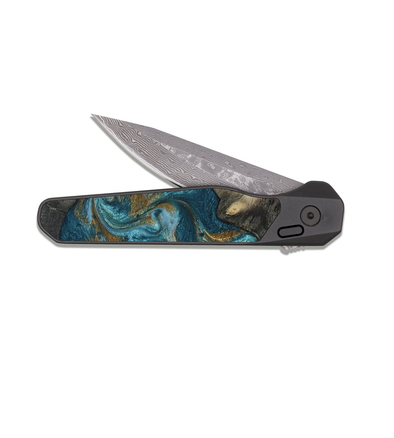 EDC Dark Damascus Wood Pocket Knife - Nannie (Teal & Gold, 817151)