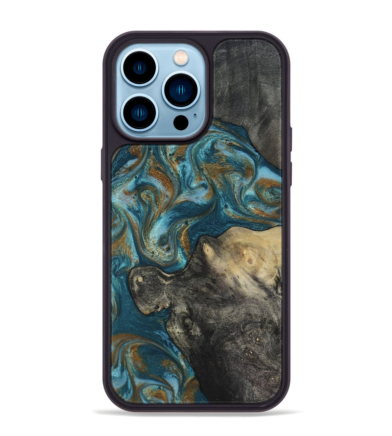 iPhone 14 Pro Max Wood Phone Case - Nannie (Teal & Gold, 817151)