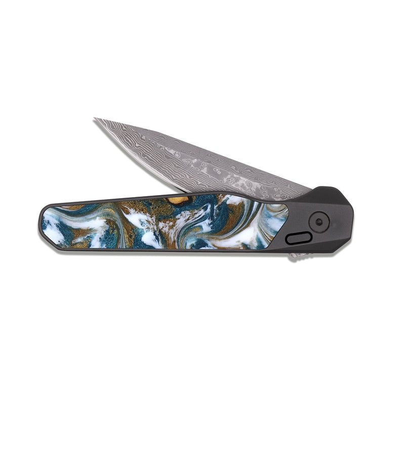 EDC Dark Damascus Wood Pocket Knife - Stormy (Teal & Gold, 817153)