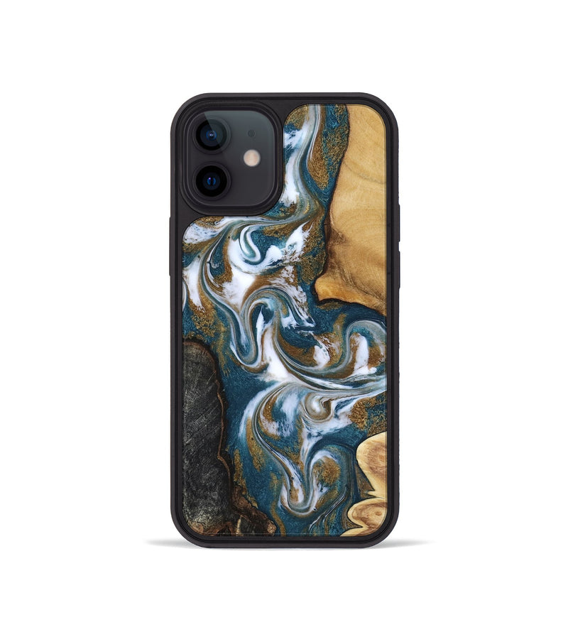 iPhone 12 mini Wood Phone Case - Stormy (Teal & Gold, 817153)