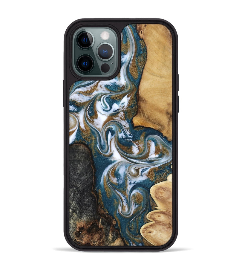iPhone 12 Pro Max Wood Phone Case - Stormy (Teal & Gold, 817153)