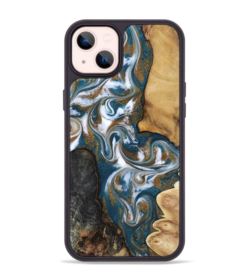 iPhone 14 Plus Wood Phone Case - Stormy (Teal & Gold, 817153)