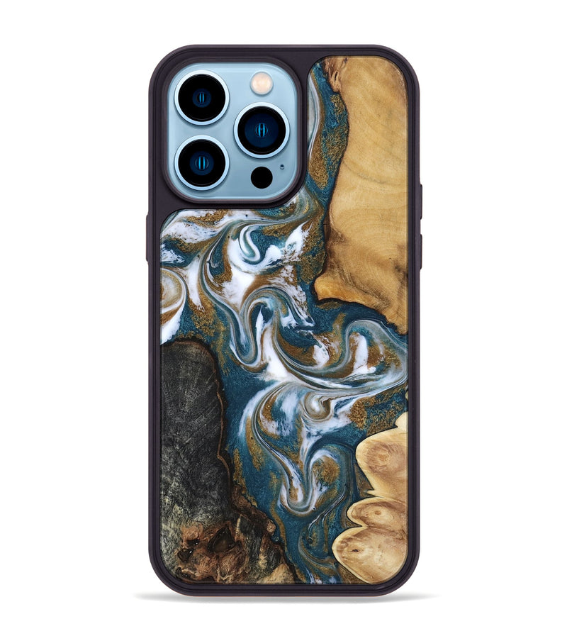 iPhone 14 Pro Max Wood Phone Case - Stormy (Teal & Gold, 817153)