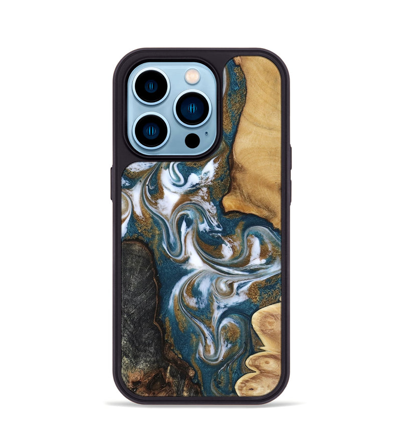 iPhone 14 Pro Wood Phone Case - Stormy (Teal & Gold, 817153)