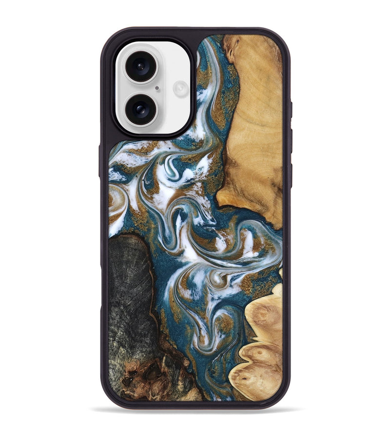 iPhone 16 Plus Wood Phone Case - Stormy (Teal & Gold, 817153)