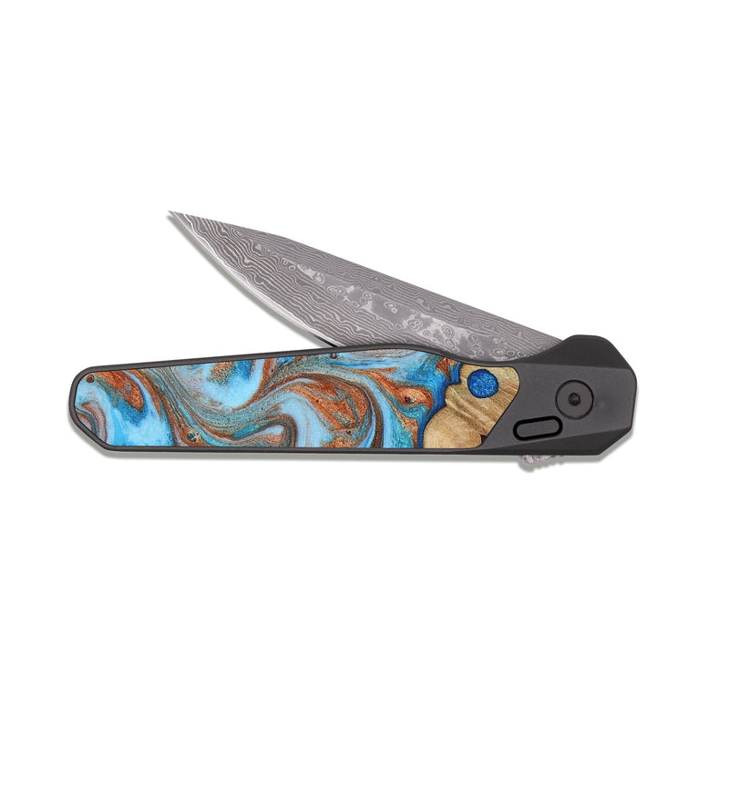 EDC Dark Damascus Wood Pocket Knife - Shay (Teal & Gold, 817155)