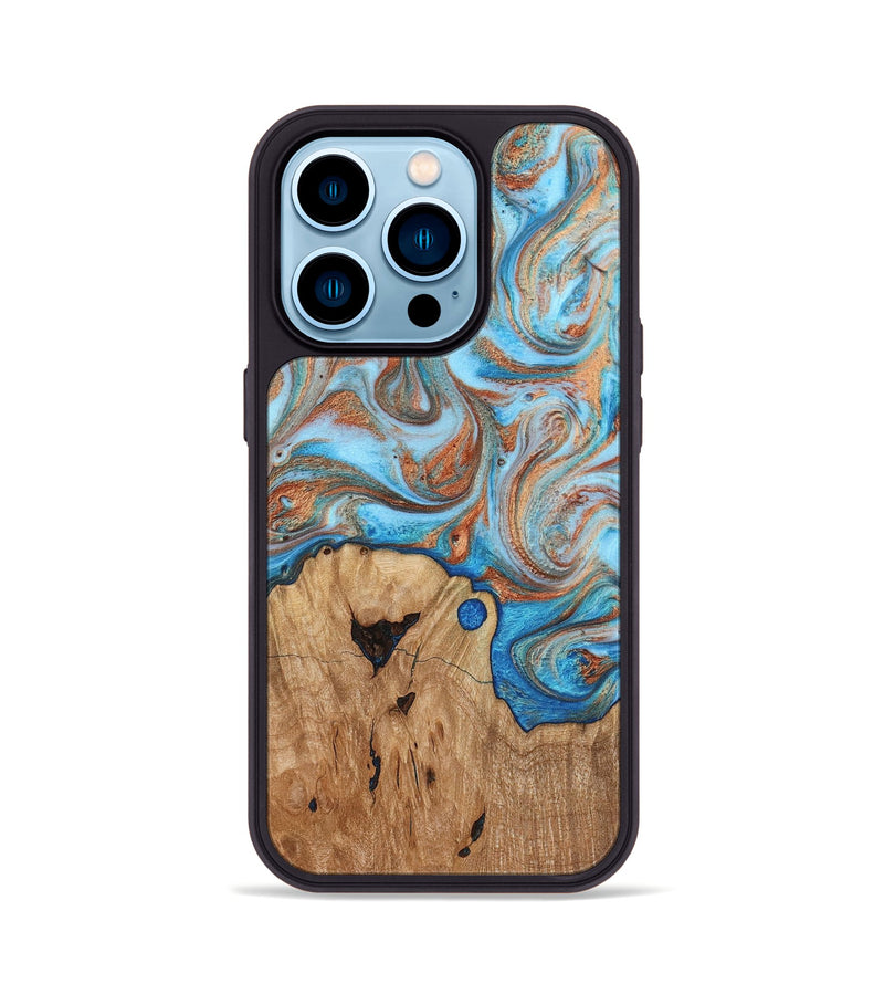 iPhone 14 Pro Wood Phone Case - Shay (Teal & Gold, 817155)
