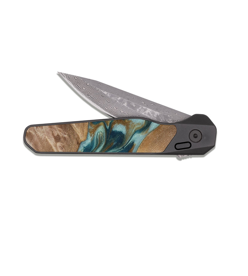EDC Dark Damascus Wood Pocket Knife - Therese (Teal & Gold, 817157)
