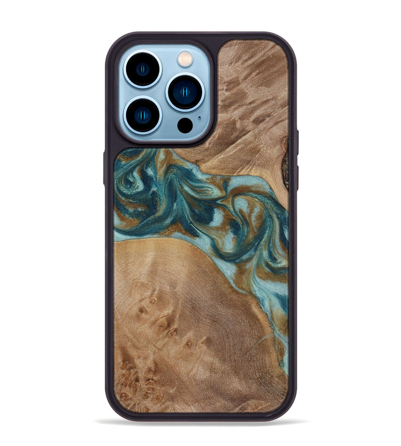 iPhone 14 Pro Max Wood Phone Case - Therese (Teal & Gold, 817157)