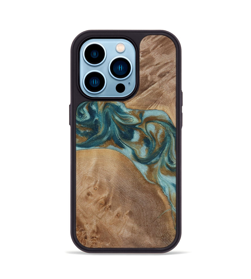 iPhone 14 Pro Wood Phone Case - Therese (Teal & Gold, 817157)