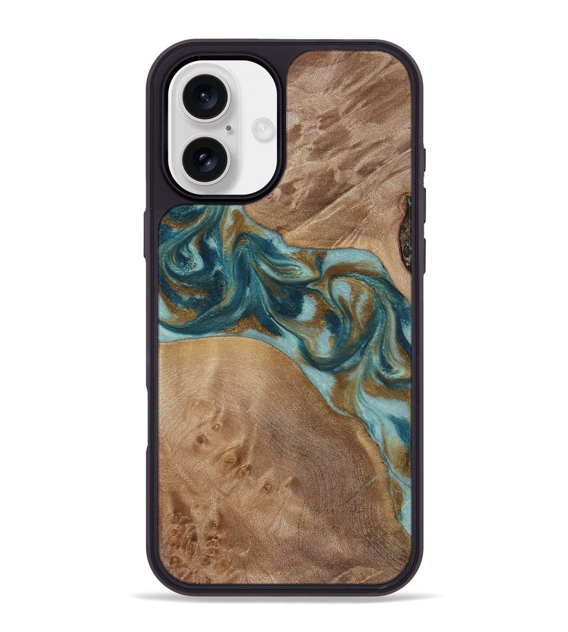 iPhone 16 Plus Wood Phone Case - Therese (Teal & Gold, 817157)