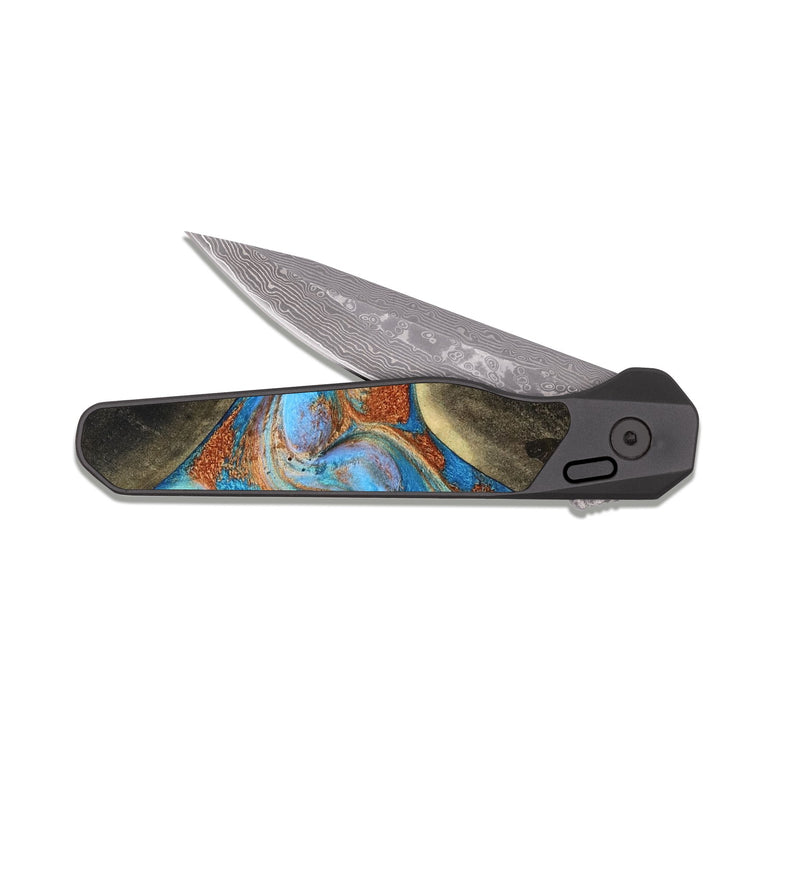 EDC Dark Damascus Wood Pocket Knife - Pierre (Teal & Gold, 817243)
