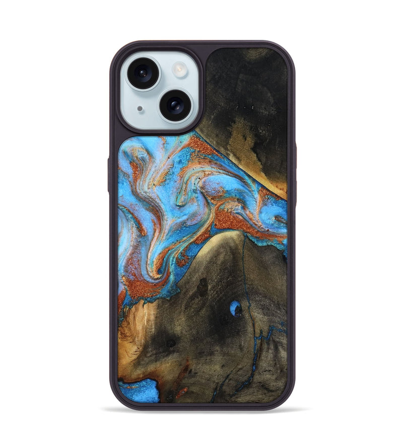 iPhone 15 Wood Phone Case - Pierre (Teal & Gold, 817243)