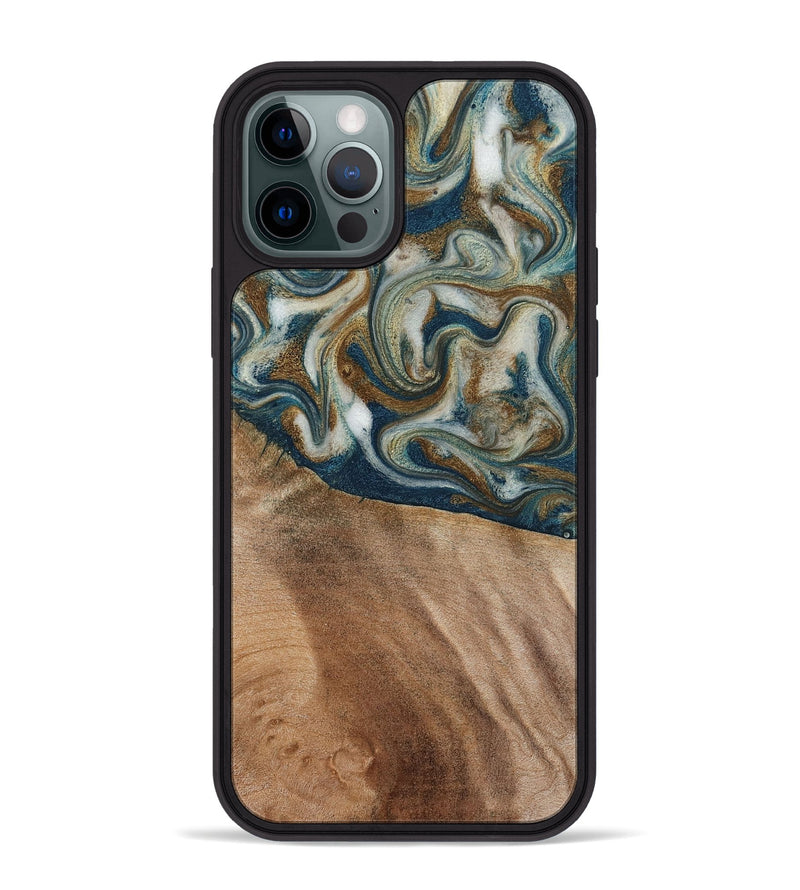 iPhone 12 Pro Max Wood Phone Case - Mona (Teal & Gold, 817244)