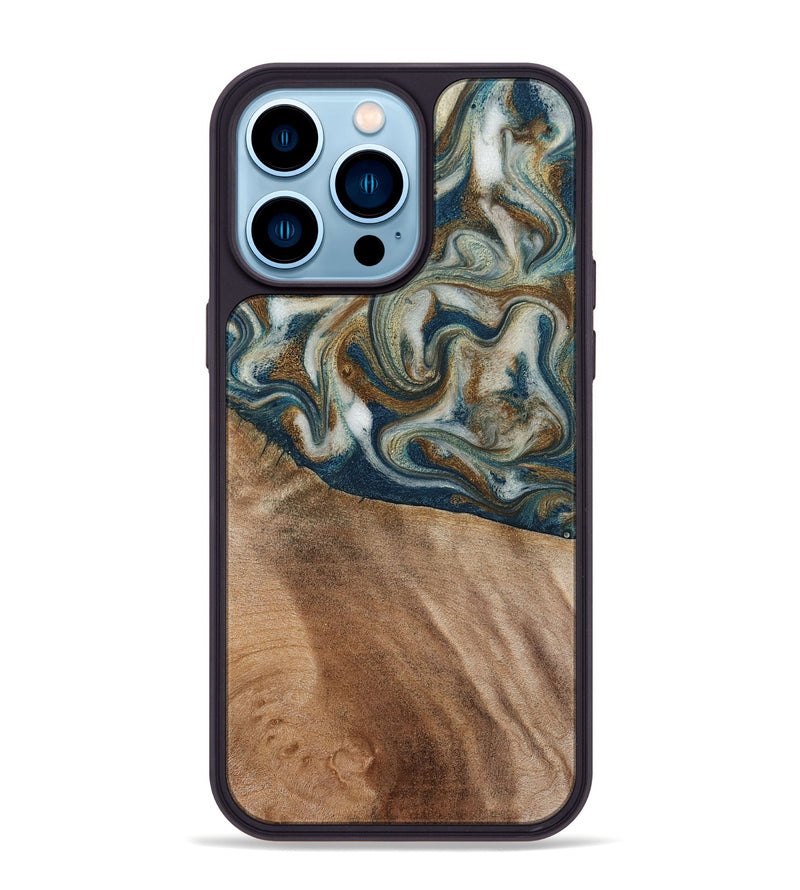 iPhone 14 Pro Max Wood Phone Case - Mona (Teal & Gold, 817244)
