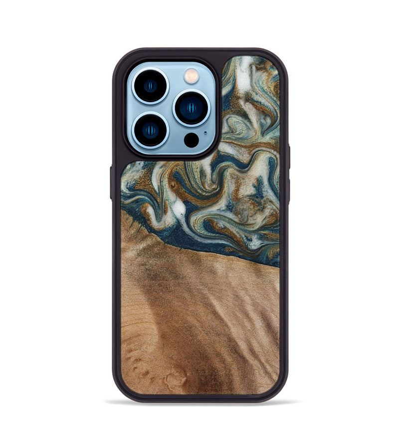 iPhone 14 Pro Wood Phone Case - Mona (Teal & Gold, 817244)