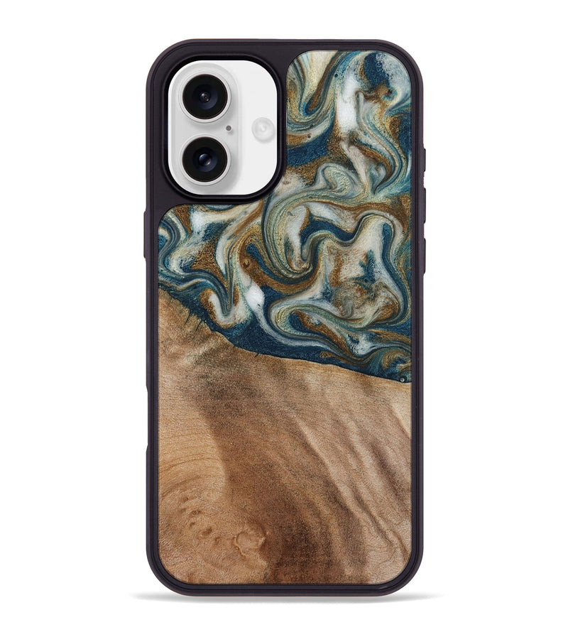iPhone 16 Plus Wood Phone Case - Mona (Teal & Gold, 817244)