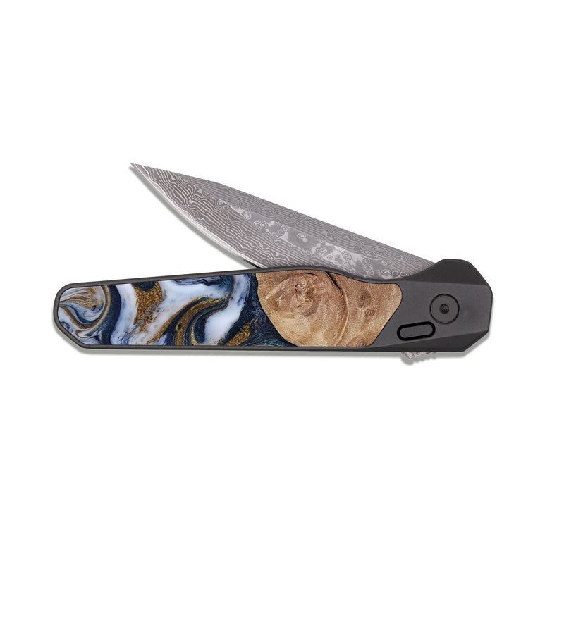 EDC Dark Damascus Wood Pocket Knife - Keilani (Teal & Gold, 817276)