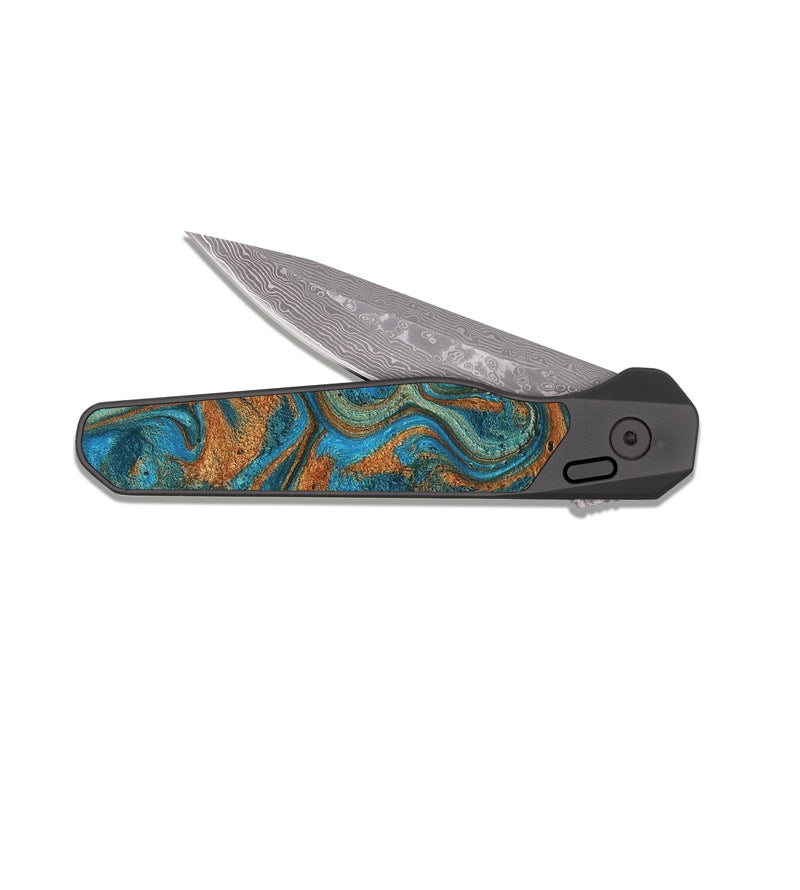 EDC Dark Damascus Wood Pocket Knife - Dereck (Teal & Gold, 817280)